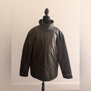 London Fog Brown Zip & Snap Front Jacket Mixed Fabric Trim Classic Outerwear